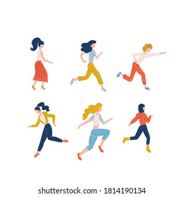 Set of happy running women dressed in casual clothes. Collection of funny people in hurry or haste. Joyful flat cartoon characters isolated on white background. Vector illustration. Black friday sale