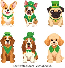 Set of happy Saint Patricks Day dogs with adorable clothes and accessories for an Irish holiday on an isolated and transparent background. Cute and fluffy puppy characters with photo booth party props