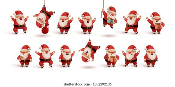 Set of Happy Santa Claus in red clothes. Realistic 3d character compatible doodle emoji elements on face. Collection objects Isolated on white background for Xmas festive design. Vector illustration