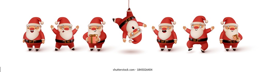 Set of Happy Santa Claus in red clothes. Realistic 3d character compatible doodle emoji elements on face. Collection objects Isolated on white background for Xmas festive design. Vector illustration