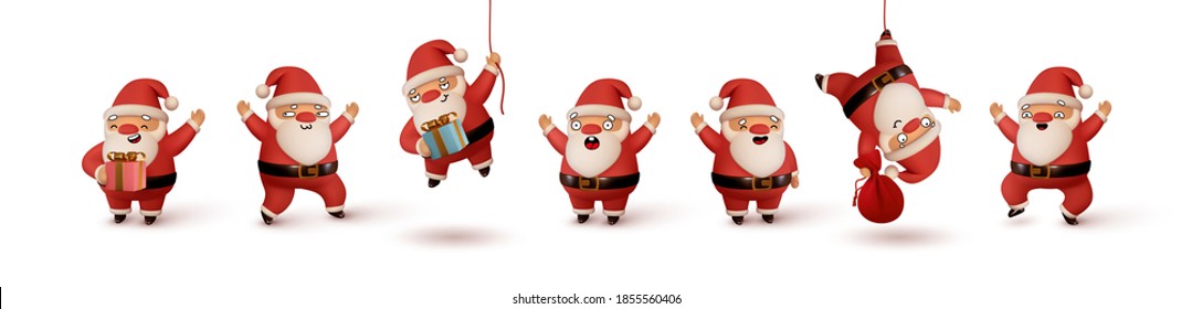 Set of Happy Santa Claus in red clothes. Realistic 3d character compatible doodle emoji elements on face. Collection objects Isolated on white background for Xmas festive design. Vector illustration