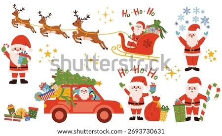 A set of happy Santa Clause with candy cane, with a sack of gifts, on a red car with a Christmas tree on the roof, on a sleigh pulled by reindeer, with snowflakes, waving and saying ho-ho-ho.
