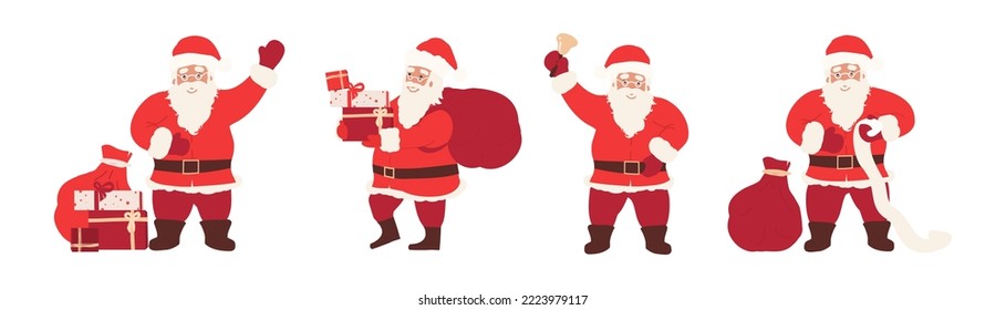 Set of Happy Santa Clauses with gift bag, carrying presents in various position. Cartoon flat Christmas illustrations isolated on white. Happy New Year concept.