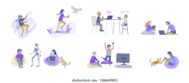 Set of Happy school children performing various activities or hobbies, playing games on computer or console, programming, launching drone, wearing VR headset. Flat cartoon vector illustration