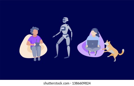 Set of Happy school children performing various activities or hobbies, playing games on computer or console, programming, launching drone, wearing VR headset. Flat cartoon vector illustration
