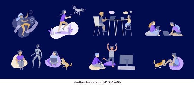 Set of Happy school children performing various activities or hobbies, playing games on computer or console, programming, launching drone, wearing VR headset. Flat cartoon vector illustration