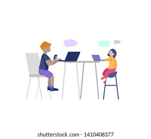 Set of Happy school children performing various activities or hobbies, playing games on computer or console, programming, launching drone, wearing VR headset. Flat cartoon vector illustration