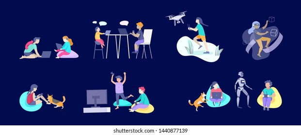 Set of Happy school children performing various activities or hobbies, playing games on computer or console, programming, launching drone, wearing VR headset. Flat cartoon vector illustration