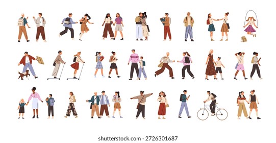Conjunto de niños escolares felices. Las personas pequeñas con mochilas son el ciclismo, correr, divertirse. Los niños en uniforme caminan. Diversos estudiantes montan, van, abrazan. Ilustraciones vectoriales aisladas planas sobre fondo blanco