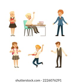 Set of happy schoolboys and schoolgirls in uniform. Elementary school students in different poses cartoon vector illustration