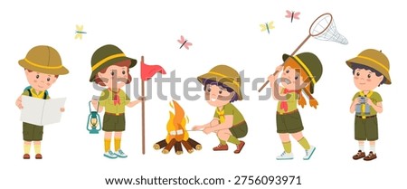 Set of happy scout children. Cute kids in uniforms with camping equipment spend weekend at summer camp. Little boy and girl scouts. Flat vector illustration collection isolated on background