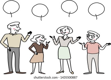 Set of happy senior people standing together and talking to each other. Group of cheerful elderly people talking and brainstorming ideas with each other. Vector illustration with hand-drawn style.