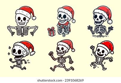 Set of happy skeleton wear Christmas hat halloween hand draw doodle illustration vintage t shirt design 