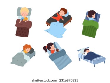 Set of happy sleeping children in different poses flat style, vector illustration isolated on white background. Resting smiling kids with various toys, design elements collection