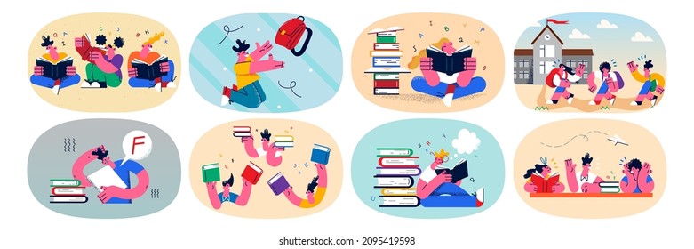 Set of happy small children pupils study with books in offline school. Collection of excited little kids schoolchildren enjoy learning with textbooks. Education concept. Flat vector illustration. 