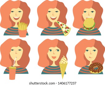 set of happy smile girl eating fast food. Flat vector illustration on white isolated background.