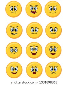 Set of happy, smile, laughing, joyful, sad angry and crying faces yellow emoticons.