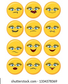 Set of happy, smile, laughing, joyful, sad angry and crying faces yellow emoticons.