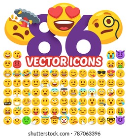 Set of happy, smile, laughing, joyful, sad, angry and crying faces emoticons. 86 expressions emotions emoji. Emotion icons isolated flat vector collection