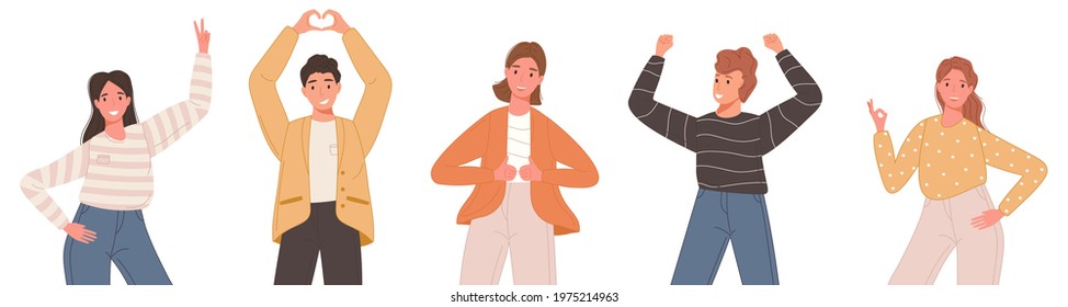 Set of happy smile people in casual clothes showing different poses isolated on white background. Vector illustration positive character emotions with gestures