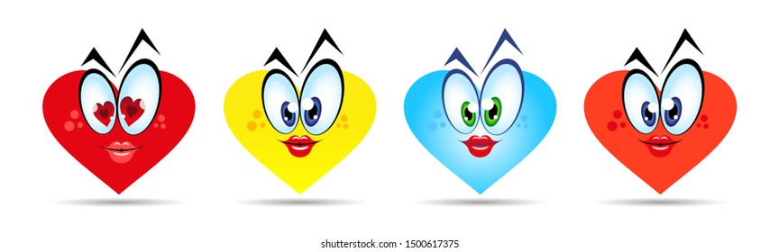 Set of happy smiles in the form of a heart. Cartoon character, girl. Vector 