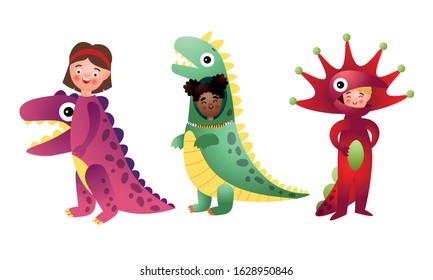 Set of happy smiling boys and girls in colorful dinosaur costumes.Vector illustration in flat cartoon style.