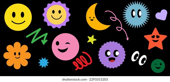 Set of happy smiling face stickers.  Abstract funny cute emoticon faces collection. Vector illustration
