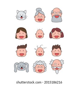 
Set of happy smiling faces of one family. Grandparents, mother, father, children and pets. Vector illustration.