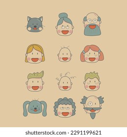 Set of happy smiling faces of one family. Grandparents, mother, father, children and pets. Vector.