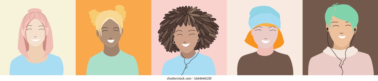 Set of happy smiling female teenager characters with bright colored hairstyle in square frames. Diverse young girls, international students, multinational teens group. Flat style vector illustration.