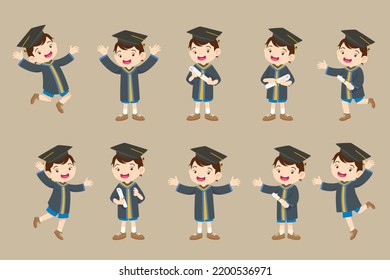 set of happy smiling graduate students in graduation gowns holding diplomas, cute cartoon