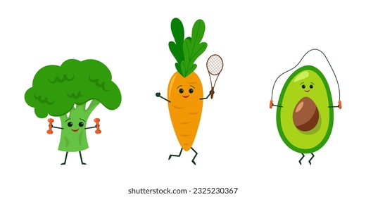 Set Happy Smiling Healthy Vegetables does Sports. Kids cartoon graphic vector illustrations isolated on white background. Fun Broccoli, Carrot and Avocado