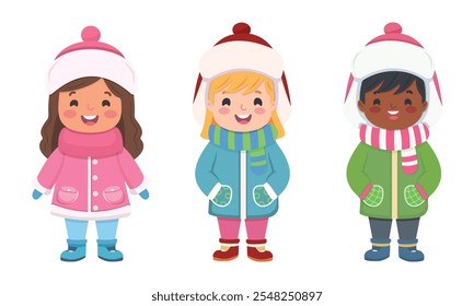 Set of happy and smiling international kids in winter clothes on white background. Vector illustration in flat cartoon style.