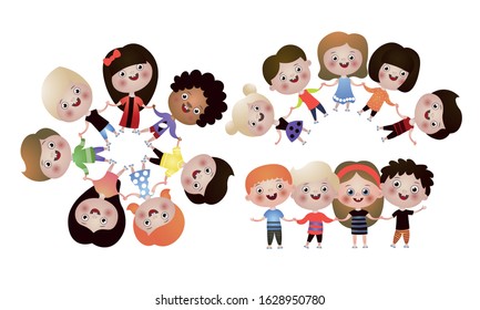 Set of happy smiling kids dancing in colorful clothes. Vector illustration in flat cartoon style.