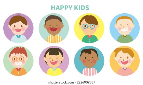 Set of happy smiling kids vector avatars, circle icons. Diversity children concept schoolboys of different ethnicities communicating online together. Isolated on colorful round background