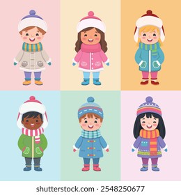 Set of happy and smiling kids in winter clothes on colorful background. Vector illustration in flat cartoon style.