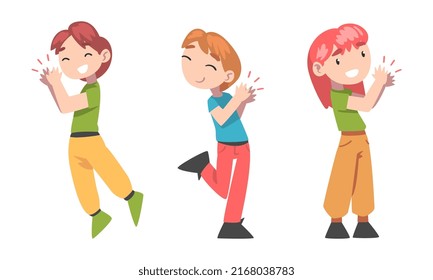 Set of happy smiling little children clapping their hands expressing admire and delight cartoon vector illustration