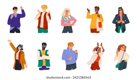 Set of Happy smiling people. Adorable joyful characters expressing positive emotions, laughing and applauding. Glad men and women. Cartoon flat vector illustrations isolated on white background