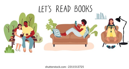 Set of happy smiling people reading books.Family couple in a park with trees.Girl lies on a sofa with pillows.Woman sits in a chair under a lamp.Colorful vector flat style illustration on white.