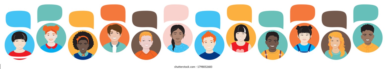 Set of happy smiling schoolkids vector avatars with speech bubbles. Diversity children concept schoolboys, schoolgirls of different ethnicities communicating online together. Isolated white background