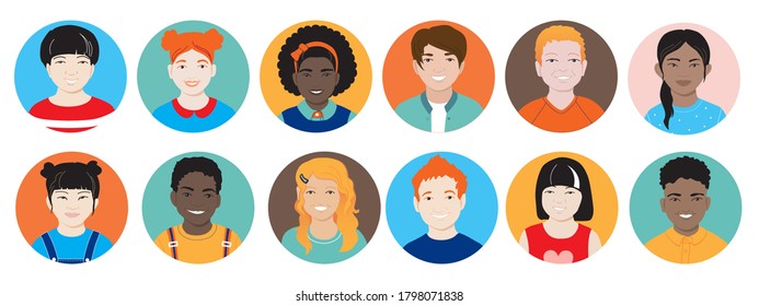 Set of happy smiling schoolkids vector avatars, circle icons. Diversity children concept schoolboys and schoolgirls of different ethnicities communicating online together. Isolated on white background