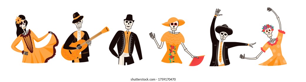 Set of happy smiling skeleton characters in traditional Mexican costume. Dia de Los Muertos, traditional Mexican Halloween vector flat cartoon illustration. Day of the dead concept.