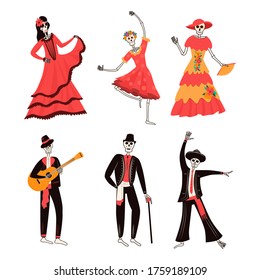 Juego de personajes del esqueleto sonriente feliz con el traje tradicional mexicano. Dia de Los Muertos, ilustración de caricatura plana vectorial tradicional mexicana de Halloween. Día del concepto muerto.