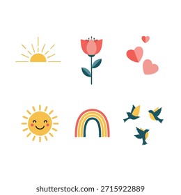 Conjunto de pájaros sonrientes felices de la flor del arco iris del sol
