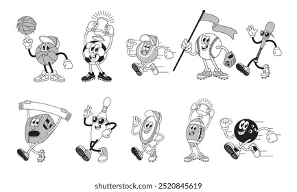 Set of Happy Sport Mascot Ball Cartoon Character Black and White