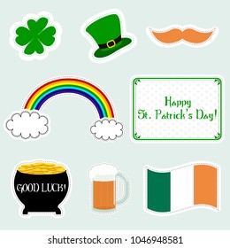 Set Of Happy St. Patrick's Day Flat Icons. Vector illustration. Patrick's Day Symbols. Mug of irish beer,rainbow, leprechaun hat, pot with coins, four leaves clover
