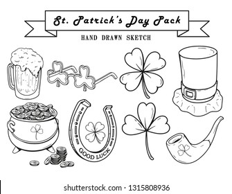 Set of Happy St. Patrick's Day Hand Drawn Sketches. Beer, Shamrock Glasses, Lucky clover leaf, Leprechaun hat, Pot of Gold, Pipe and Horseshoe. Stock Vector Illustration