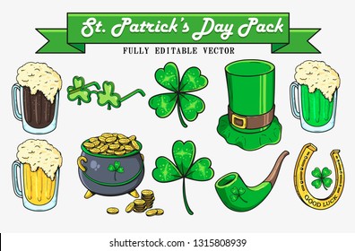 Set of Happy St. Patrick's Day Drawings. Beer, Shamrock Glasses, Lucky clover leaf, Leprechaun hat, Pot of Gold, Pipe and Horseshoe. Stock Vector Illustration