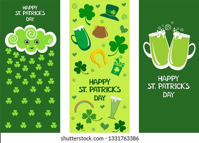 Set von Happy St. Patrick's Day Grußkarte. Vorlage für die Einladung von Anbietern. Iss, trinke und sei irisch. Party Invitation Design mit Muster. Typografie-Vorlage für Text. Der lustige Kawaii-Charakter. 