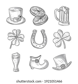 set happy st patricks day hat coins clover shoe beer and horseshoe icon sketch isolated vector illustration